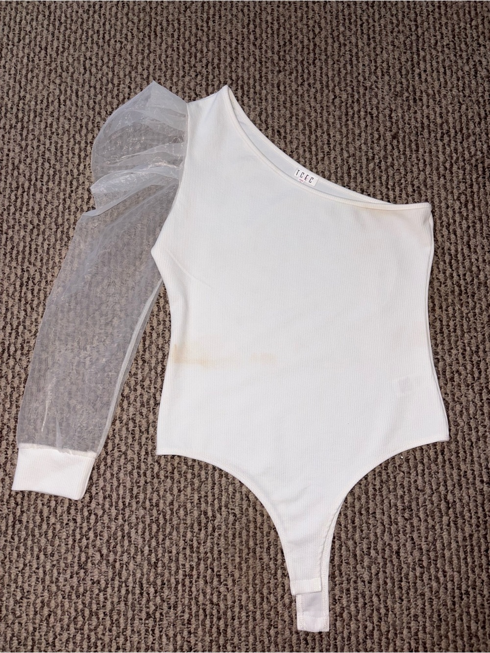 TCEC White One-Shoulder Ribbed Bodysuit with Sheer Puff Sleeve